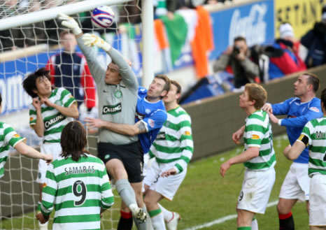 Kirk Broadfoot and Kris Boyd look on as Boruc tries to save the disallowed goal
