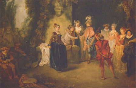 L'Amour au théâtre français, par Antoine Watteau (164-1721), 37x48cm, Berlin Gemäldegaleire