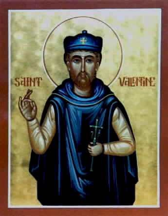 icon of saint valentine in a blue robe, holding up one hand