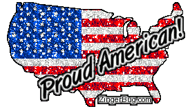 Click to get the codes for this image. This patriotic glitter graphic shows the American flag in the shape of the USA. The comment reads: Proud American!
